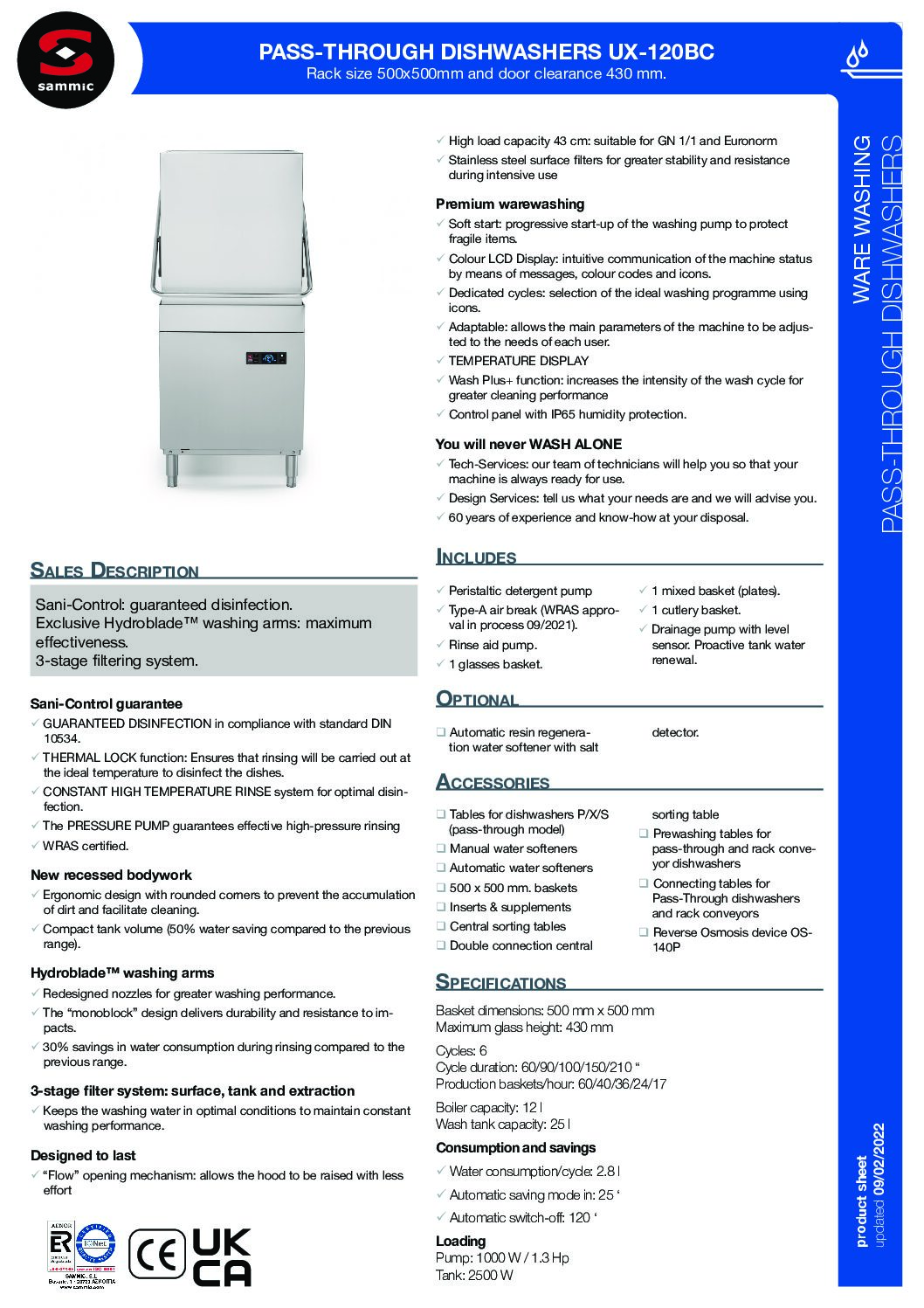 SAMMIC Ultra UX-120SBCDV Pass Through Dishwasher, 500mm basket (Drain Pump, Break Tank, Steam Condenser, Water Softener, Double Skinned) SAMMIC Ultra UX-120SBCDV Pass Through Dishwasher, 500mm basket (Drain Pump, Break Tank, Steam Condenser, Water Softener, Double Skinned) - Image 3